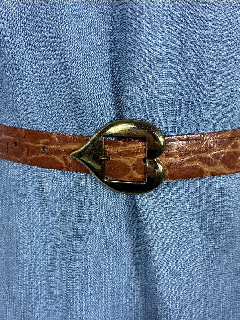 Womens belt heart buckle 35” long textured croc print faux leather brown tan
